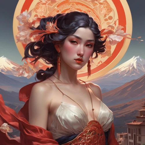 oriental princess,fantasy portrait,geisha,mulan,geisha girl,chinese art,red sun,oriental girl,oriental painting,fantasy art,oriental,red lantern,moonflower,asian vision,zodiac sign libra,blood moon,fantasy woman,kitsune,rosa ' amber cover,world digital painting,Conceptual Art,Fantasy,Fantasy 01