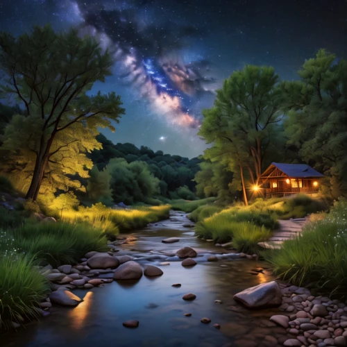 fantasy picture,starry night,home landscape,the cabin in the mountains,the milky way,milky way,fantasy landscape,astronomy,milkyway,night scene,landscape background,starry sky,beautiful landscape,night image,the night sky,landscapes beautiful,summer cottage,nature landscape,nightscape,photo manipulation,Photography,General,Natural