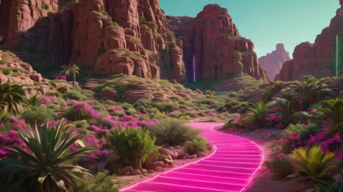 flowerful desert,futuristic landscape,pathway,desert landscape,desert plants,desert desert landscape,pink grass,desert,virtual landscape,the desert,hiking path,the mystical path,street canyon,purple landscape,desert flower,cacti,valley,oasis,mesa,cartoon video game background,Photography,General,Natural