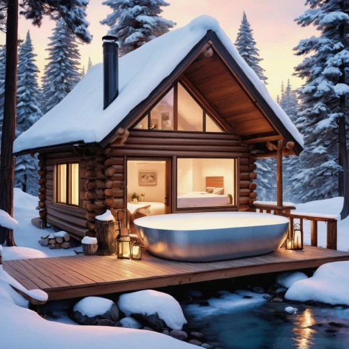 snowhotel,the cabin in the mountains,luxury bathroom,snowed in,winter house,hot tub,small cabin,log home,snow shelter,log cabin,snow roof,chalet,snowy landscape,snow house,winter wonderland,snow landscape,warm and cozy,bathtub,inverted cottage,snow scene,Illustration,Abstract Fantasy,Abstract Fantasy 11