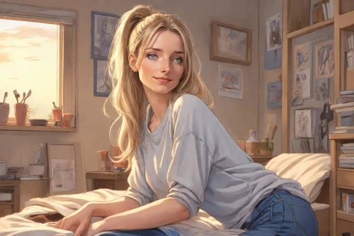 girl studying,blue jasmine,girl sitting,girl at the computer,girl drawing,digital painting,blonde woman,blonde sits and reads the newspaper,world digital painting,cg artwork,photo painting,woman sitting,blonde woman reading a newspaper,girl in the kitchen,the girl in nightie,blonde girl,girl portrait,relaxed young girl,young woman,girl in a long,Digital Art,Comic