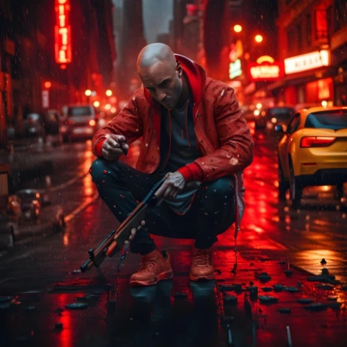 cyberpunk,man with umbrella,violinist,daredevil,kalashnikov,violinist violinist,shanghai,new york streets,solo violinist,red hood,violin player,hk,man holding gun and light,chinatown,red matrix,man with saxophone,matrix,dystopian,nyc,street musician