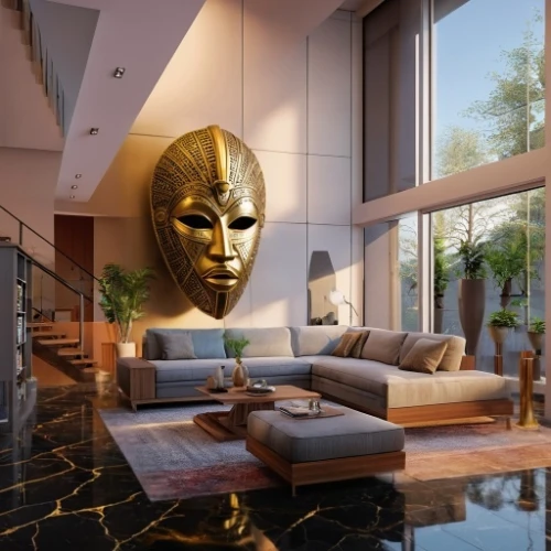 gold mask,golden mask,luxury home interior,modern decor,penthouse apartment,interior modern design,great room,contemporary decor,luxury property,3d rendering,living room,modern living room,interior design,crib,livingroom,gold wall,interior decor,interior decoration,luxurious,african masks