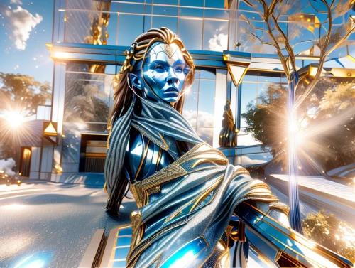 blue enchantress,symetra,justitia,lady justice,mystique,biomechanical,show off aurora,lens flare,mother earth statue,elven,mod ornaments,firedancer,light effects,digital compositing,astral traveler,lawn ornament,hood ornament,athena,color is changable in ps,metallic