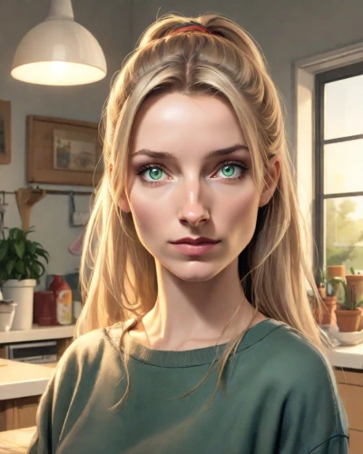 digital compositing,natural cosmetic,visual effect lighting,elsa,girl in the kitchen,oil cosmetic,world digital painting,heterochromia,angelica,green eyes,the girl's face,cosmetic brush,3d rendered,women's eyes,digital painting,b3d,sci fiction illustration,cgi,belarus byn,woman face,Digital Art,Comic