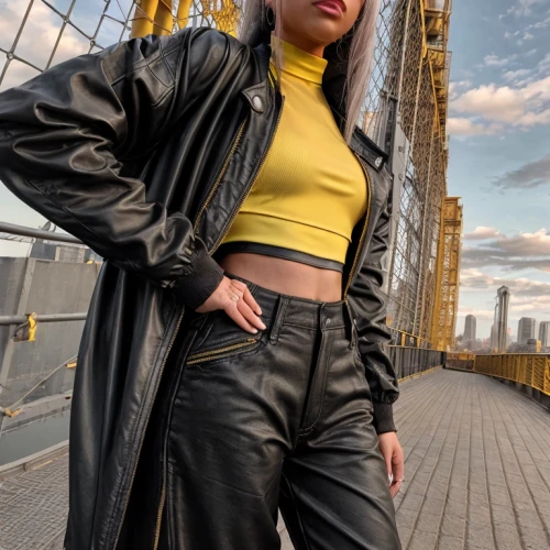 yellow and black,leather,leather texture,black leather,black and gold,concrete background,leather jacket,fashion shoot,latex clothing,latex,gunmetal,nyc,yellow jacket,aurora yellow,ny,female model,femme fatale,yellow brick wall,pvc,amber