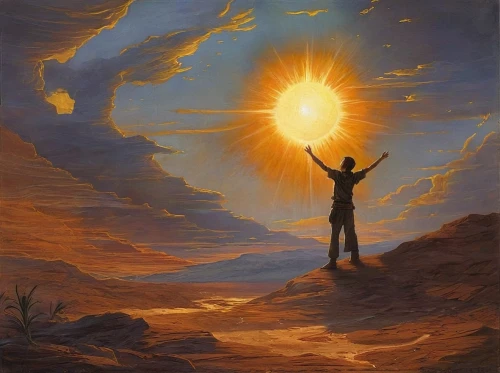 sun,sun god,sol,helios,ascension,3-fold sun,light bearer,sunburst background,prophet,bright sun,golden sun,reverse sun,sun salutation,torch-bearer,the sun,the pillar of light,sacred art,oil painting on canvas,fantasy picture,praise,Conceptual Art,Fantasy,Fantasy 13