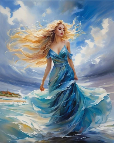 the wind from the sea,wind wave,the sea maid,little girl in wind,celtic woman,sea breeze,sea landscape,mermaid background,ocean waves,fantasy art,oil painting on canvas,blue waters,blue enchantress,blue painting,fantasy picture,ocean background,girl in a long dress,art painting,oil painting,winds,Illustration,Paper based,Paper Based 11