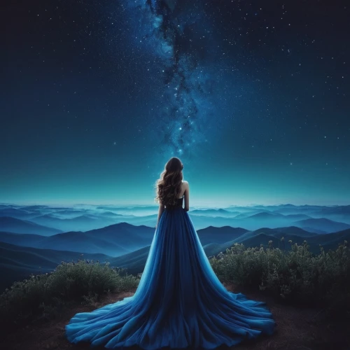 blue enchantress,the night sky,fantasy picture,the universe,celestial,blue moment,blue moon rose,astronomy,queen of the night,universe,starry sky,photomanipulation,starlight,blue dress,the stars,the horizon,astronomer,falling star,falling stars,sapphire,Photography,Artistic Photography,Artistic Photography 12
