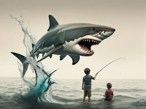 requiem shark,big-game fishing,jaws,photo manipulation,shark,photoshop manipulation,great white shark,captivity,photomanipulation,conceptual photography,predation,fish-surgeon,angler,phishing,angling,kids illustration,photoshop creativity,sharks,sci fiction illustration,ocean pollution,Photography,Artistic Photography,Artistic Photography 05