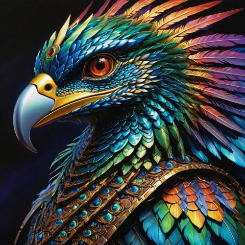 eagle illustration,colorful birds,blue and gold macaw,eagle,ornamental bird,garuda,bird painting,gryphon,nicobar pigeon,an ornamental bird,african eagle,blue parrot,peacock,color feathers,perico,bird of prey,prince of wales feathers,feathers bird,quetzal,blue macaw,Illustration,American Style,American Style 07
