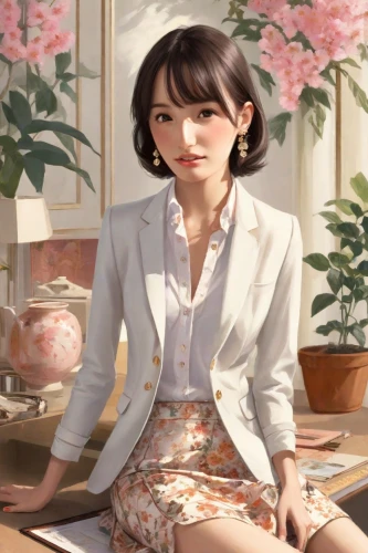 japanese sakura background,japanese floral background,secretary,portrait background,sakura background,sakura florals,blur office background,floral japanese,business woman,honmei choco,librarian,peony,peonies,xiangwei,peony pink,japanese woman,office worker,floral background,businesswoman,hong,Digital Art,Character Design