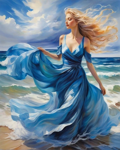 the wind from the sea,wind wave,sea breeze,blue painting,blue enchantress,the sea maid,blue waters,ocean blue,ocean waves,ocean background,girl in a long dress,little girl in wind,sea landscape,shades of blue,oil painting on canvas,art painting,oil painting,flowing,blue water,beach background,Illustration,Paper based,Paper Based 11