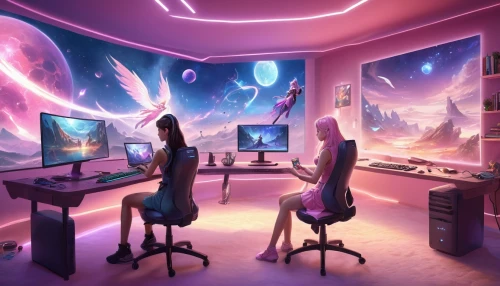 computer room,lures and buy new desktop,computer game,computer workstation,ufo interior,creative office,fractal design,girl at the computer,computer art,room creator,gamer zone,playing room,working space,computer desk,study room,space art,unicorn background,computer graphics,game room,copy space,Illustration,Realistic Fantasy,Realistic Fantasy 01