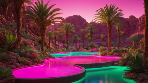 acid lake,volcano pool,futuristic landscape,oasis,lagoon,palm springs,neon cocktails,neon candies,purple landscape,pink beach,palm forest,diamond lagoon,pink green,infinity swimming pool,neon drinks,tropical house,pink flamingos,flamingos,virtual landscape,flowerful desert,Photography,General,Natural