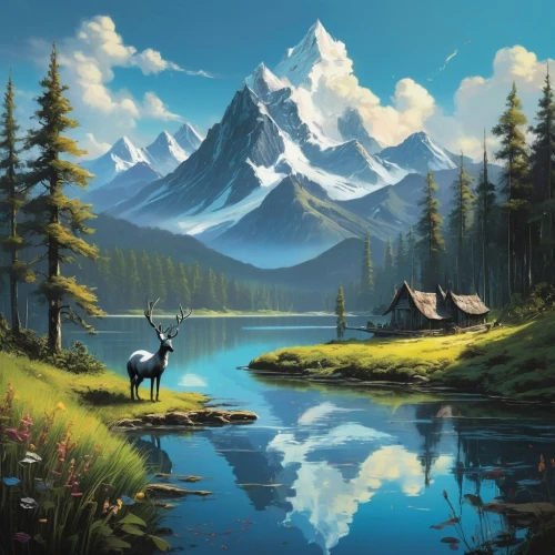 landscape background,mountain scene,mountain landscape,fantasy landscape,moraine,mountainous landscape,salt meadow landscape,world digital painting,nature landscape,mountain pasture,high landscape,fantasy picture,mountain meadow,unicorn background,mountains,meadow landscape,mountain range,mountain world,beautiful landscape,landscape nature,Conceptual Art,Fantasy,Fantasy 12