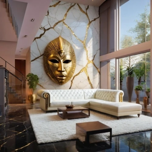 gold mask,golden mask,gold wall,contemporary decor,modern decor,gold stucco frame,luxury home interior,interior modern design,interior decor,golden buddha,interior decoration,great room,gold leaf,living room,gold paint stroke,livingroom,interior design,modern living room,apartment lounge,stucco wall