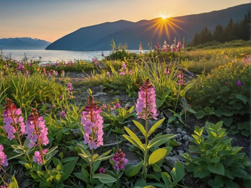 lupines,the valley of flowers,fireweed,alpine meadow,alpine flowers,british columbia,alpine meadows,foxgloves,flower in sunset,mountain meadow,lupine,lupinus mutabilis,lupins,avalanche lily,field of flowers,yukon territory,purple loosestrife,alaska,wildflowers,pacific bleeding heart