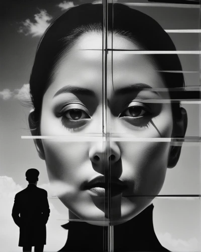woman thinking,self-reflection,split personality,surrealism,mirror image,self-deception,reflected,dualism,the mirror,parallel worlds,self hypnosis,photomontage,looking glass,self-consciousness,the illusion,mirrored,mirrors,reflect,man and woman,conceptual photography,Photography,Black and white photography,Black and White Photography 07