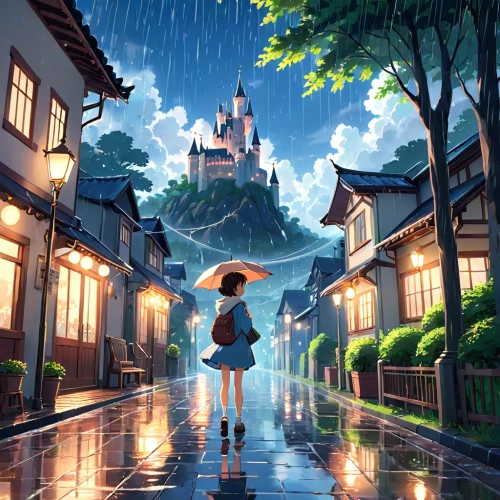 studio ghibli,shanghai disney,walking in the rain,rainy,rainy season,rainy day,summer umbrella,after the rain,umbrellas,after rain,little girl with umbrella,my neighbor totoro,world digital painting,violet evergarden,rainy weather,fantasy city,in the rain,rainstorm,kyoto,umbrella,Anime,Anime,Traditional