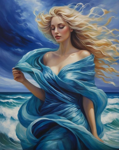 the wind from the sea,wind wave,sea breeze,the sea maid,ocean waves,siren,blue enchantress,oil painting on canvas,blue painting,oil painting,mermaid background,sea storm,ocean blue,water nymph,blue waters,little girl in wind,the zodiac sign pisces,sea landscape,wind,celtic woman,Illustration,Realistic Fantasy,Realistic Fantasy 30