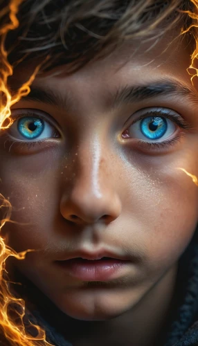 fire eyes,photoshop manipulation,fire background,photo manipulation,human torch,children's background,image manipulation,photomanipulation,the blue eye,digital compositing,children's eyes,visual effect lighting,mystical portrait of a girl,portrait background,flame spirit,the eyes of god,world digital painting,combustion,digital art,ojos azules,Photography,General,Fantasy