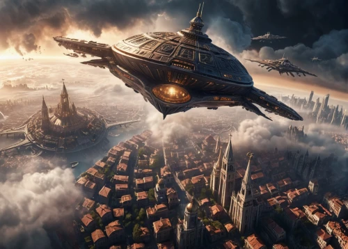 airships,airship,dreadnought,valerian,air ship,sci fiction illustration,aerial landscape,destroyed city,heroic fantasy,skycraper,constantinople,sci fi,carrack,sky city,futuristic landscape,baron munchausen,flying objects,flying machine,steampunk,citadel,Conceptual Art,Fantasy,Fantasy 27