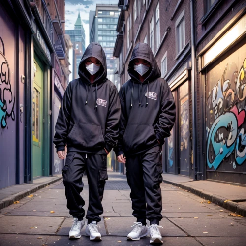 monks,tracksuit,hym duo,ninjas,grime,acronym,street fashion,high-visibility clothing,north face,national parka,shoreditch,city youth,balaclava,hip-hop,hooded man,outerwear,partnerlook,hip hop,apparel,underworld