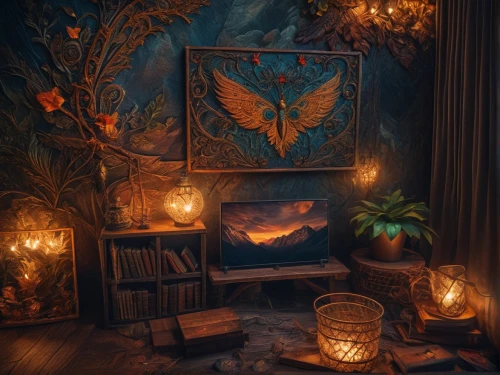 apothecary,trinkets,music chest,ornate room,boho art,tapestry,antique background,boho background,vintage theme,art nouveau frames,gypsy tent,candlemaker,fantasy picture,fantasy art,shrine,butterfly background,treasure chest,dandelion hall,bohemian,vintage lantern,Photography,General,Fantasy