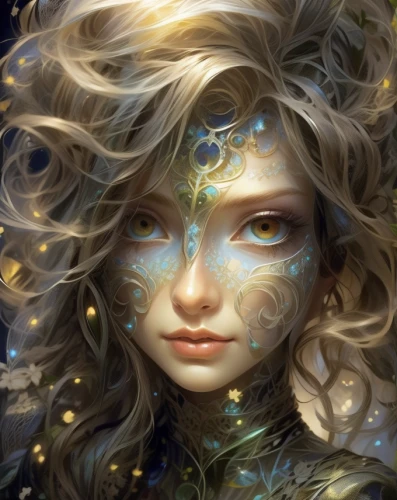 fantasy portrait,faerie,faery,dryad,mystical portrait of a girl,fantasy art,starflower,gold foil mermaid,fireflies,the snow queen,the enchantress,blue enchantress,zodiac sign libra,fae,sorceress,fairy queen,elven flower,elven,luminous,fairy galaxy