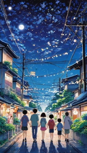 studio ghibli,anime 3d,starry sky,fireflies,night scene,starry night,shirakami-sanchi,sky city,dream world,japanese wave,travelers,japanese waves,osomatsu,clear night,parallel world,virtual world,milky way,milkyway,anime,anime cartoon,Illustration,Japanese style,Japanese Style 04