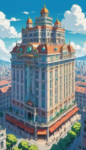 grand hotel,dragon palace hotel,sky apartment,stalin skyscraper,odessa,europe palace,people's palace,city palace,hotel riviera,studio ghibli,baku eye,stalinist skyscraper,french building,apartment building,grand master's palace,dalian,fantasy city,skyscraper,renaissance tower,taipei,Illustration,Japanese style,Japanese Style 03