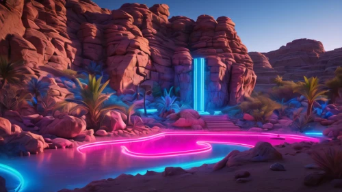 futuristic landscape,virtual landscape,diamond lagoon,underwater oasis,oasis,fantasy landscape,flowerful desert,3d fantasy,moon valley,desert landscape,lagoon,3d background,desert desert landscape,cartoon video game background,acid lake,crescent spring,alien world,valley of the moon,chasm,fairyland canyon,Photography,General,Natural