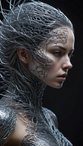 biomechanical,artificial hair integrations,silvery,silver,cybernetics,chain mail,gradient mesh,cyborg,fractalius,tangle,humanoid,3d fantasy,head woman,wireframe graphics,elven,wireframe,silver lacquer,woven,tangle-web spider,the enchantress,Photography,Artistic Photography,Artistic Photography 11