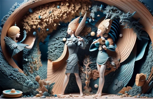 3d fantasy,paper art,mandelbulb,wood carving,mermaid background,african art,sand sculptures,fractals art,fantasy art,earthenware,sculptor,photomanipulation,fractalius,harp player,wood art,diorama,bodypainting,clay figures,3d figure,clay animation