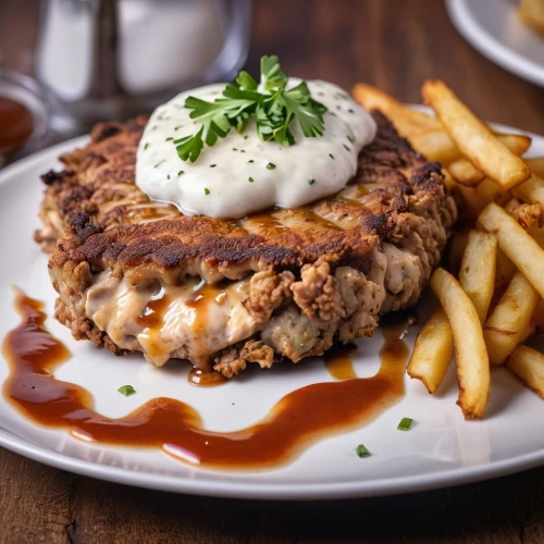 chicken fried steak,schnitzel with fries,chicken schnitzel,veal steak,schnitzel,frikadeller,salmon burger,potato pancakes,salisbury steak,crab cake,potato pancake,veal,chicken burger,pork steak,latkes,cordon bleu,hamburger chicken,beef pancake,latke,viennese cuisine,Photography,General,Realistic