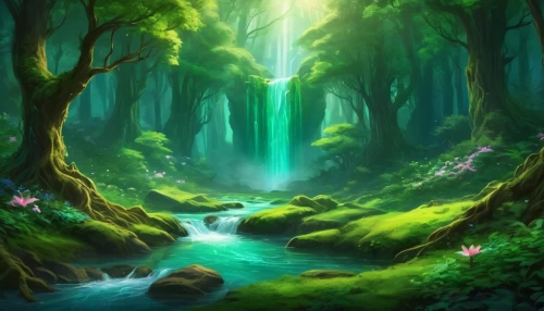 elven forest,fairy forest,green forest,forest background,green waterfall,fairytale forest,forest landscape,enchanted forest,cartoon video game background,forest glade,fairy world,fantasy landscape,holy forest,forest of dreams,green wallpaper,the forest,forest,druid grove,landscape background,forests,Illustration,Realistic Fantasy,Realistic Fantasy 01