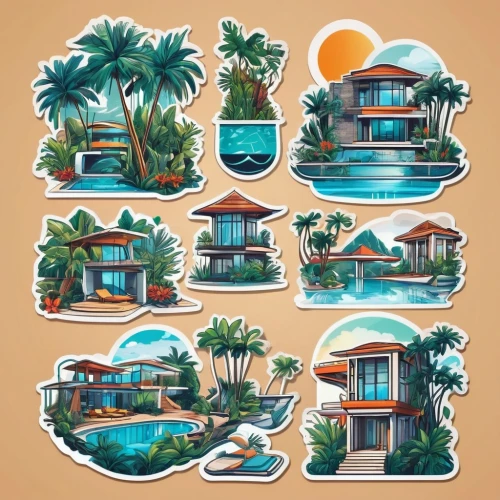 houses clipart,palmtrees,tropical house,palm tree vector,beach huts,resort,icon set,palm trees,retro 1950's clip art,beach house,summer icons,floating huts,clipart sticker,stickers,seaside resort,beach resort,airbnb icon,resort town,set of icons,islands,Unique,Design,Sticker