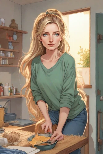 girl in the kitchen,woman holding pie,girl with bread-and-butter,painting technique,homemaker,cooking book cover,domestic,housewife,meticulous painting,kitchen work,star kitchen,woodworker,blonde woman,cookery,girl with cereal bowl,gingerbread maker,painting eggs,elsa,painting,painter,Digital Art,Comic