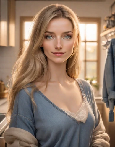 elsa,realdoll,female model,advertising clothes,natural cosmetic,blonde woman,in a shirt,liberty cotton,see-through clothing,women's clothing,celtic woman,jean button,female hollywood actress,cotton top,cgi,commercial,female doll,digital compositing,girl in the kitchen,sprint woman