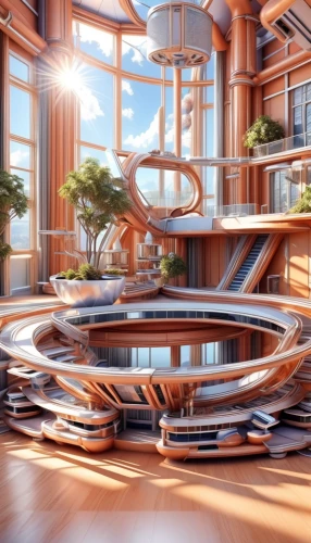 futuristic architecture,solar cell base,sky space concept,futuristic landscape,eco-construction,sky apartment,circular staircase,penthouse apartment,futuristic art museum,smart house,jewelry（architecture）,spiral staircase,winding staircase,wooden construction,modern architecture,3d rendering,fractal environment,utopian,spiral stairs,spiral