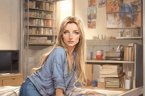 girl at the computer,girl studying,blonde woman reading a newspaper,blonde woman,digital painting,world digital painting,girl in the kitchen,blonde sits and reads the newspaper,woman sitting,photo painting,woman on bed,art painting,girl in bed,italian painter,blond girl,painter,blue jasmine,girl sitting,girl drawing,blonde girl,Digital Art,Comic