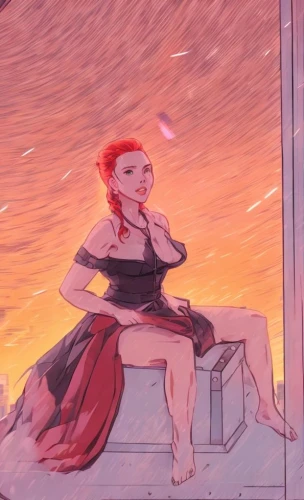 transistor,fire pearl,rooftop,girl sitting,fae,red sky,red sun,pink dawn,red summer,rem in arabian nights,orange sky,summer evening,on the roof,dusk background,fire siren,the girl in the bathtub,hot spring,rooftops,sunset glow,dusk,Common,Common,Japanese Manga