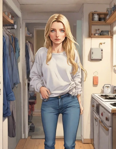 girl in the kitchen,waitress,cleaning woman,housewife,domestic,dishwasher,jeans background,pajamas,pantry,housework,denim,high jeans,blonde woman,woman shopping,kitchen work,housekeeper,sweatshirt,sweater,big kitchen,female worker,Digital Art,Comic