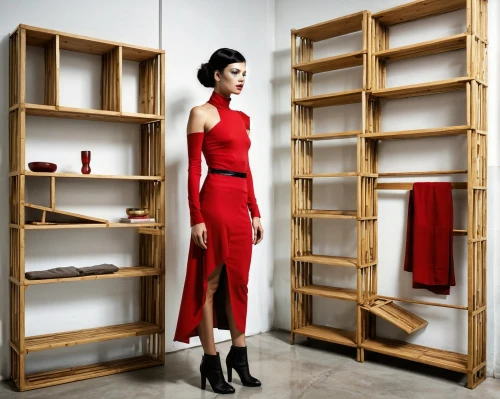 walk-in closet,shelving,lady in red,man in red dress,shelves,pantry,silk red,latex clothing,one-piece garment,storage cabinet,women's closet,wardrobe,shoe cabinet,garment racks,cupboard,red,red milan,bookcase,red tunic,sheath dress