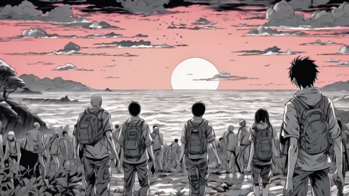 the people in the sea,dead earth,the night of kupala,alien planet,arrival,sidonia,post-apocalyptic landscape,earth rise,buddhist hell,acid lake,atoll,alien invasion,the end of the world,slave island,walpurgis night,shinigami,colony,the endless sea,the horizon,shirakami-sanchi,Illustration,Japanese style,Japanese Style 04