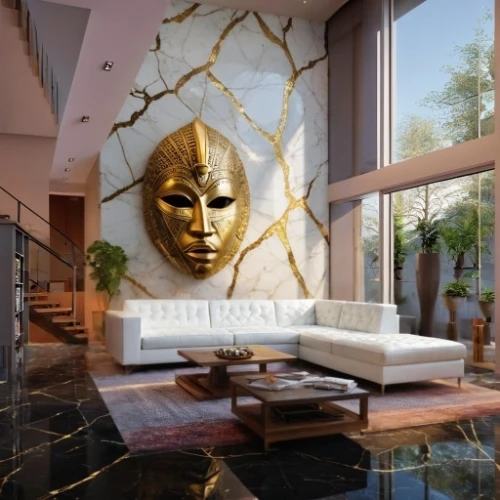 gold mask,golden mask,gold wall,modern decor,contemporary decor,interior modern design,gold stucco frame,luxury home interior,gold leaf,3d rendering,golden buddha,interior decor,interior decoration,gold paint stroke,glass wall,great room,living room,bronze wall,modern living room,interior design
