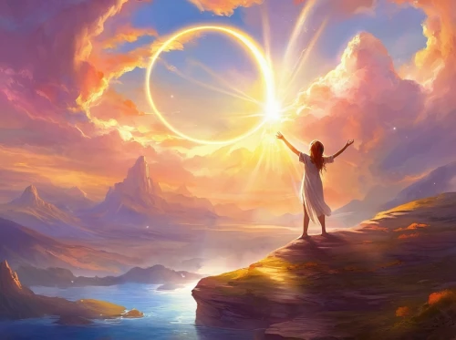 fantasy picture,sunburst background,light bearer,sun,sun moon,awakening,world digital painting,the pillar of light,bright sun,golden sun,sun god,divine healing energy,sol,inner light,solar plexus chakra,radiance,guiding light,celestial,arms outstretched,summer solstice,Illustration,Realistic Fantasy,Realistic Fantasy 01