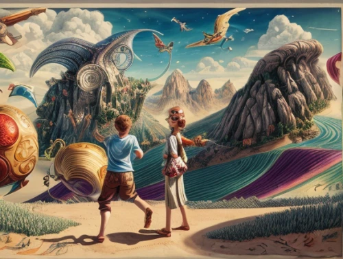 travelers,sci fiction illustration,fantasy world,3d fantasy,dream world,fairy world,mountain world,digital nomads,fantasy picture,skylander giants,alien world,world digital painting,fantasy art,wonderland,balloon trip,pachamama,studio ghibli,traveller,alien planet,surrealism,Realistic,Movie,Imaginative Adventure