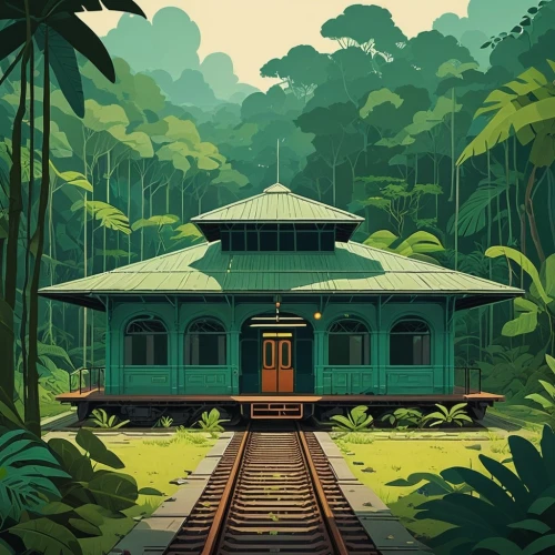 travel poster,tropical house,kerala,vietnam,huts,rainforest,bungalow,temples,wooden hut,train ride,jamaica,southeast asia,cambodia,cabana,house in the forest,tropical greens,jungle,train station,laos,wooden train,Illustration,Vector,Vector 05